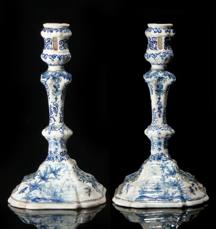 A PAIR 18TH C. DELFT TYPE TIN GLAZE CANDLE STICKS