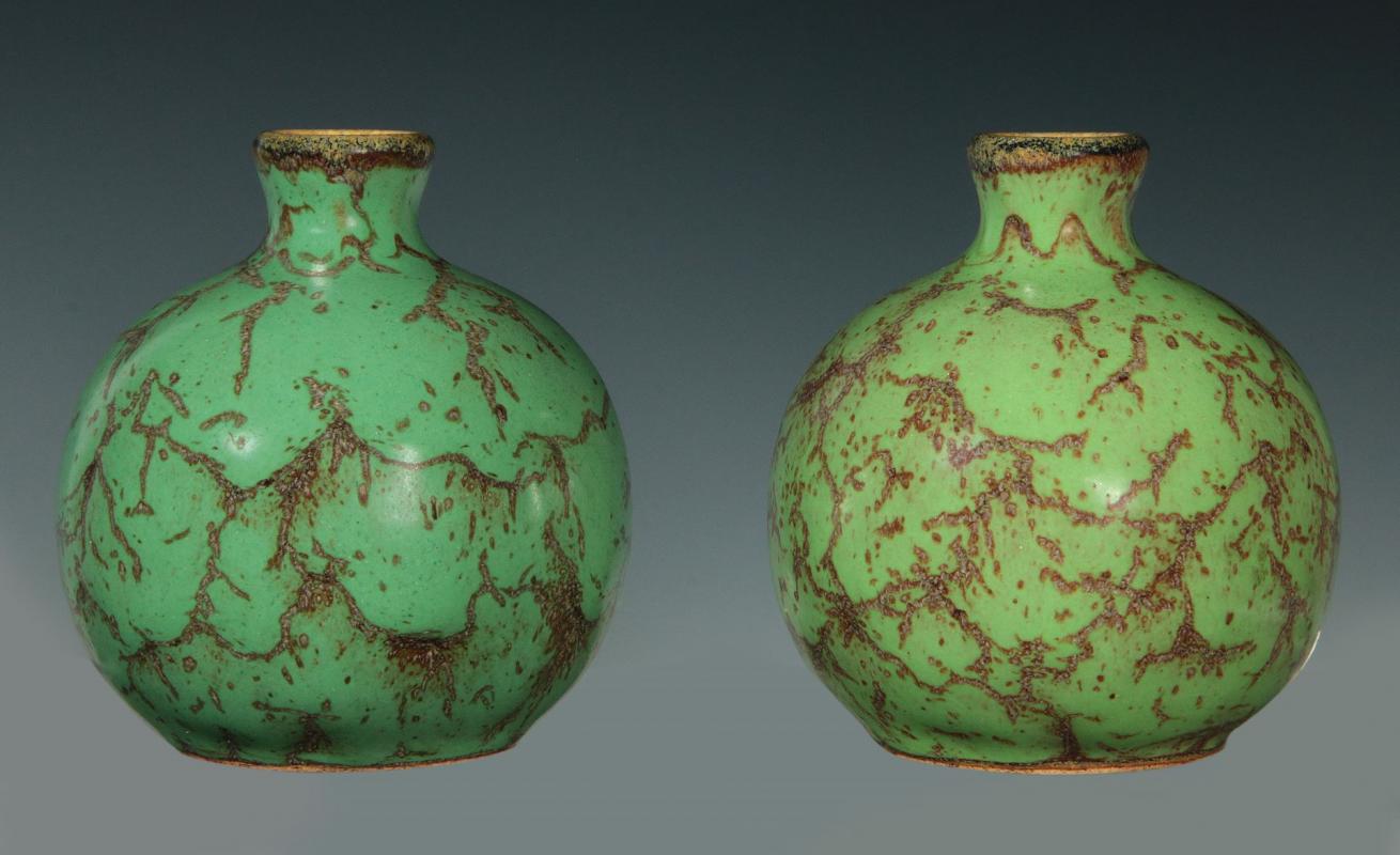 A PAIR OF GREEN MATTE GLAZE STONEWARE VASES