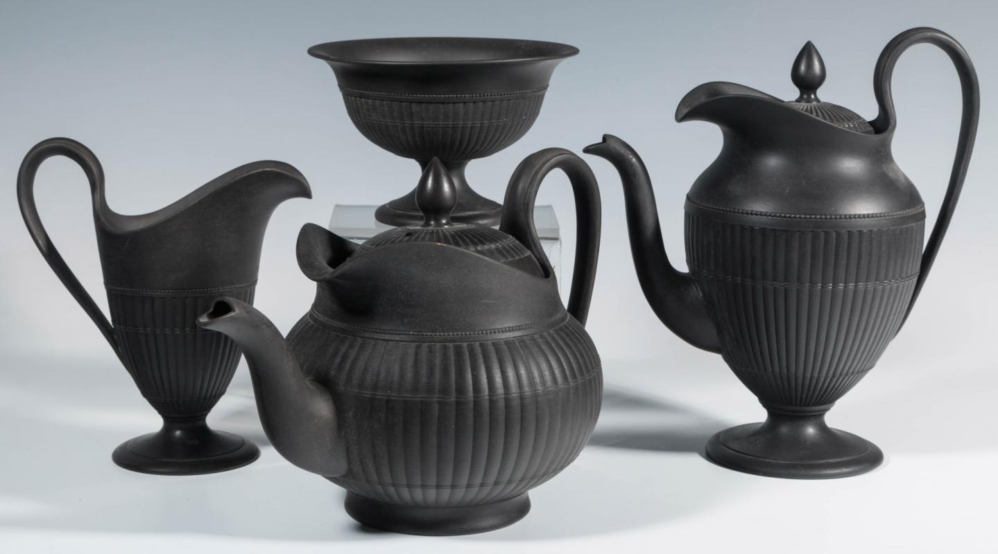 A WEDGWOOD BLACK BASALT TEA AND COFFEE SET