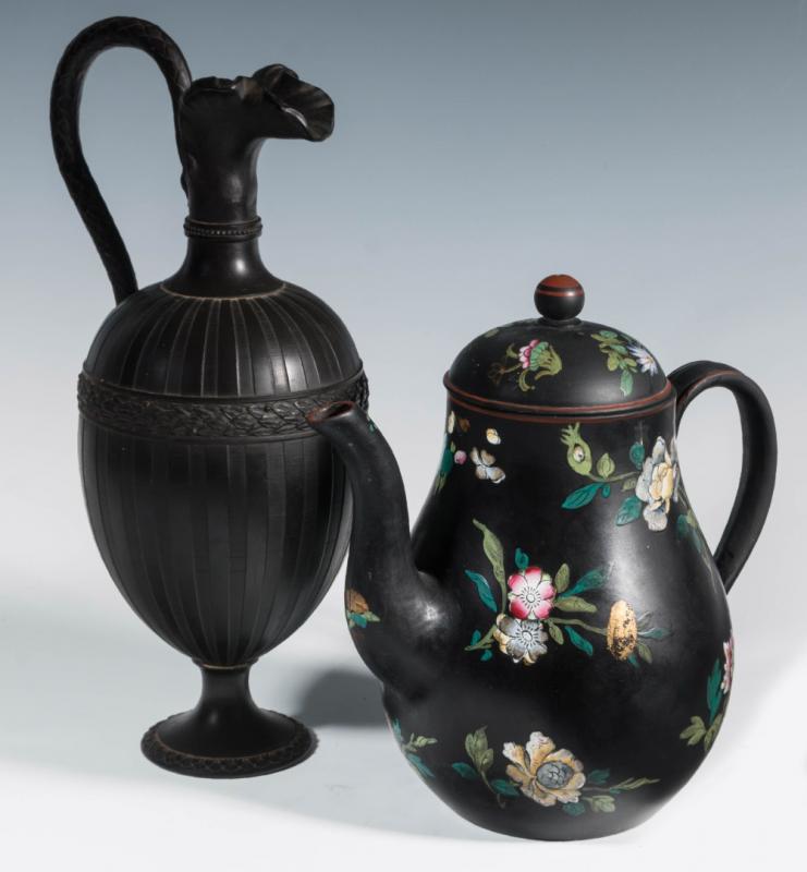 WEDGWOOD BLACK BASALT EWER AND CAPRI WARE TEAPOT