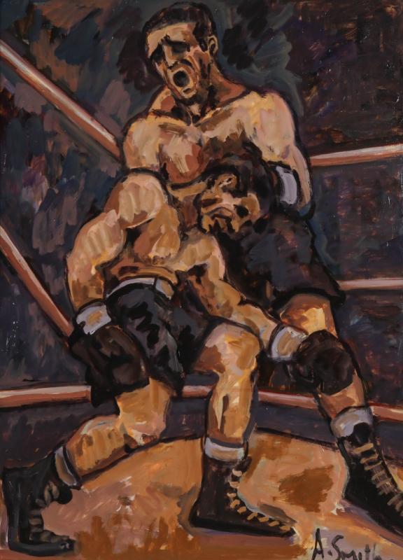 A. SMITH (20TH C.) OIL ON ARTIST'S BOARD BOXING SCENE