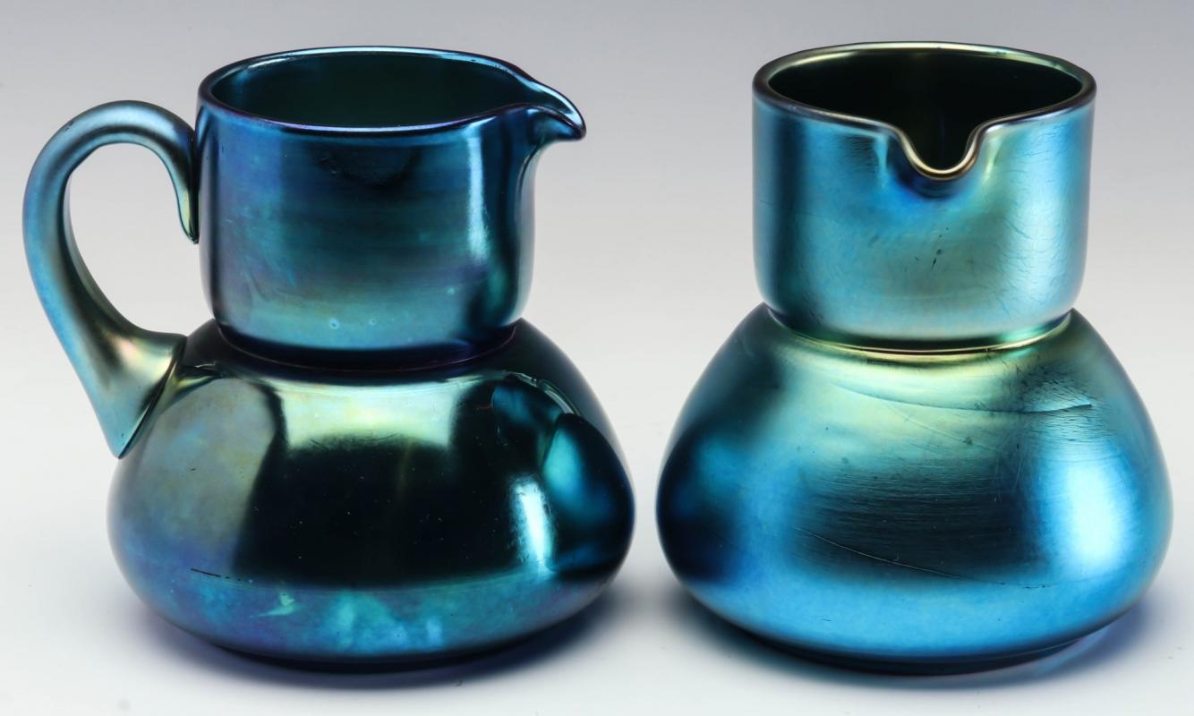 TWO STEUBEN BLUE AURENE TUMBLE-UP PITCHERS