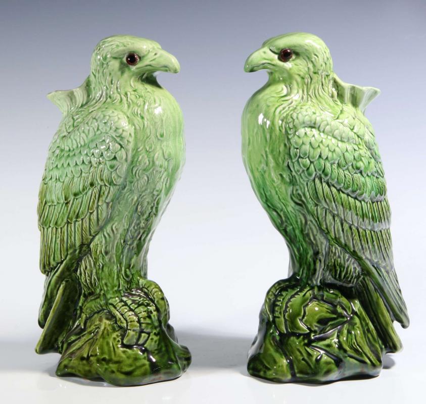 A PAIR BURMANTOFTS EAGLE FIGURAL MAJOLICA VASES