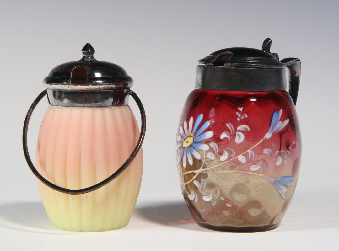 FINE BURMESE AND ENAMELED AMBERINA MUSTARD POTS