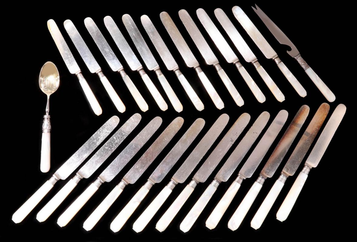 TWENTY FIVE PCS PEARL HANDLED KNIVES AND SPOON