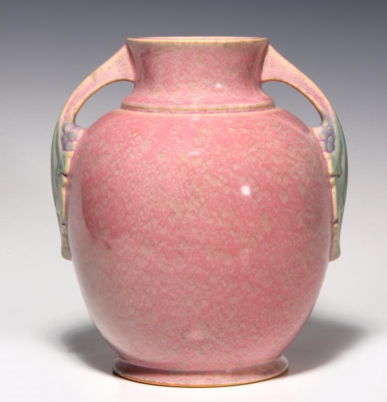 A PINK ROSEVILLE TUSCANY ART POTTERY VASE