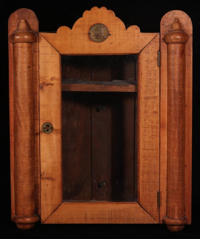 A RARE PRENTICE WHISKY HANGING CORNER BOTTLE CABINET