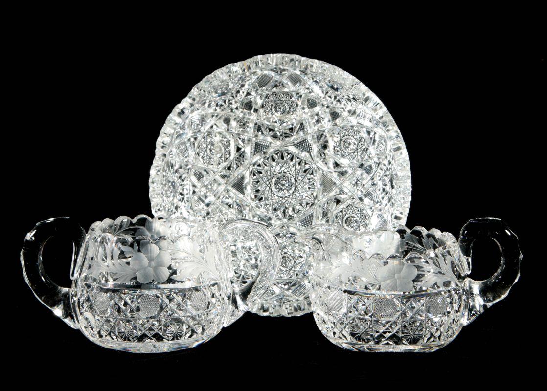 ABP CUT GLASS SHALLOW BOWL, CREAMER AND SUGAR