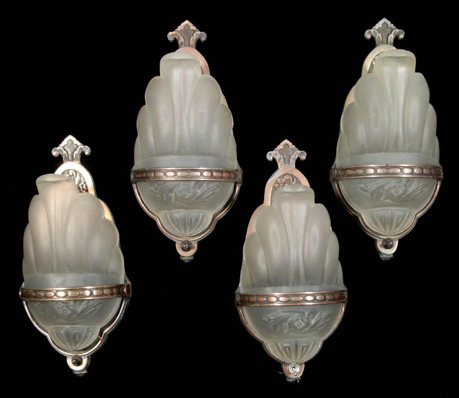 FOUR CIRCA 1920 SLIP SHADE WALL SCONCES