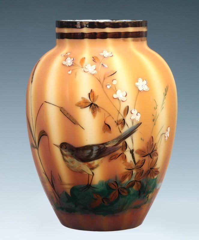 A 19TH C. ART GLASS  VASE WITH ENAMEL BIRD