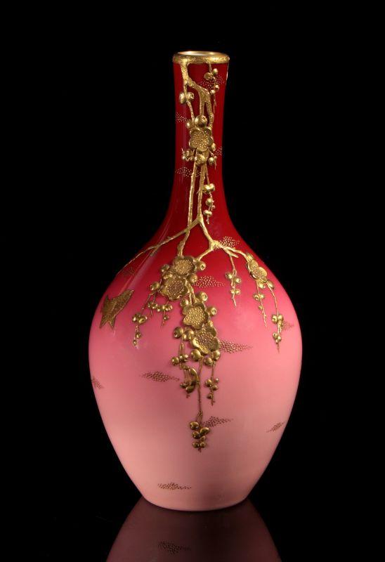 WEBB QUALITY GOLD ENCRUSTED PEACHBLOW VASE W/ BIRD