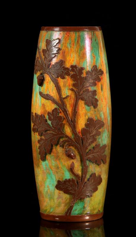 AUSTRIAN(?) ART GLASS VASE CLAD IN ENGRAVED COPPER