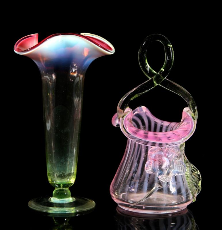 CRANBERRY OPAL VERDE GLASS TRICORN VASE AND BASKET