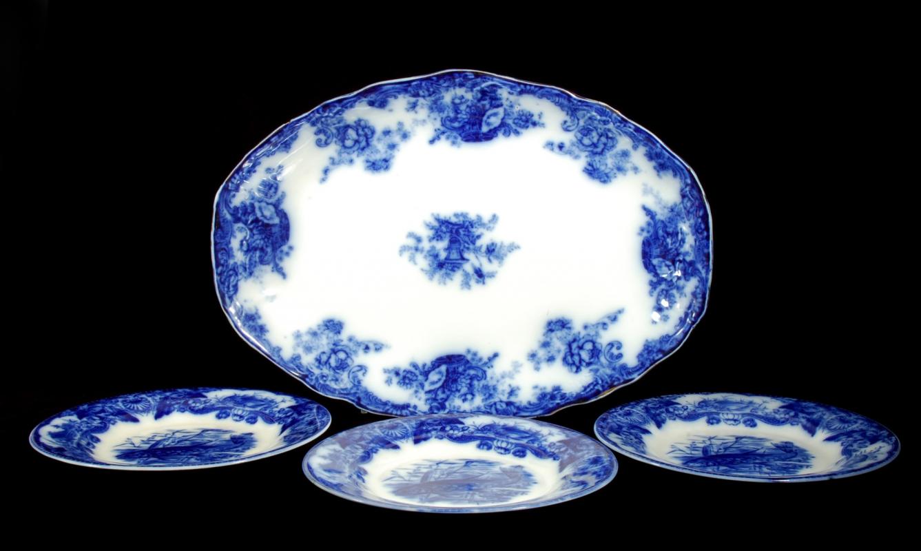 C. 1900 FLOW BLUE FISH PLATES, A FLOW BLUE PLATTER