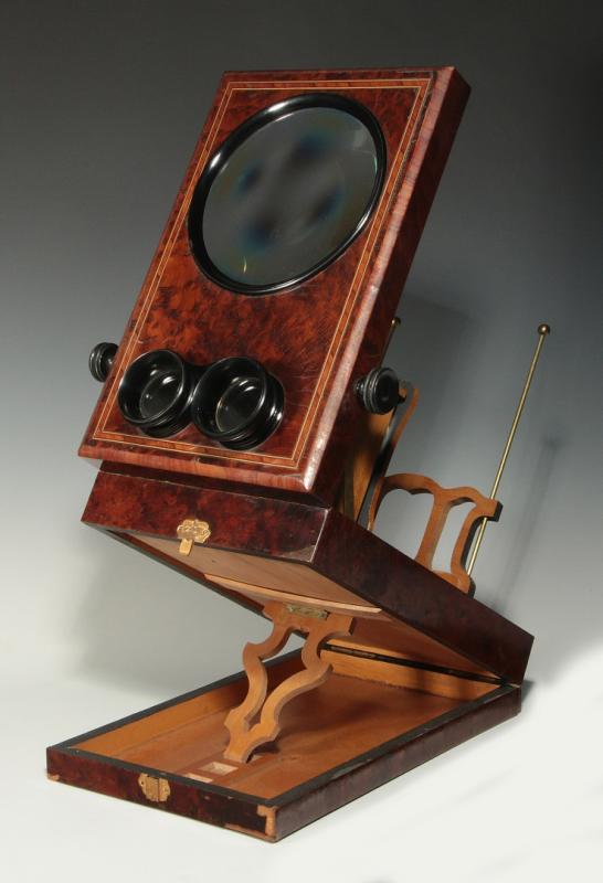 A 19TH C. BURR WALNUT TABLE-TOP STEREO GRAPHOSCOPE