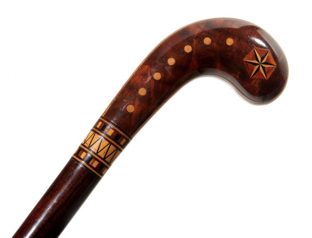 A GOOD MARQUETRY INLAY PISTOL GRIP WALKING STICK