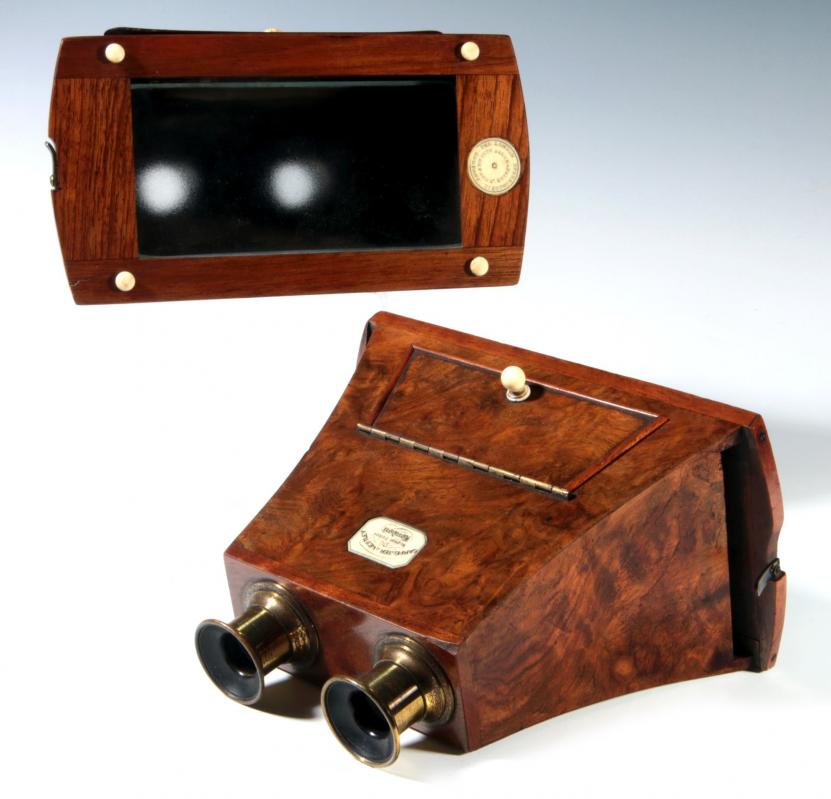 TWO 19THC. BURL VENEER BREWSTER STYLE STEREOSCOPES