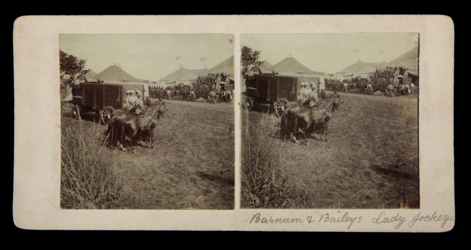 A STEREOVIEW OF BARNUM & BAILEYS LADY JOCKEYS