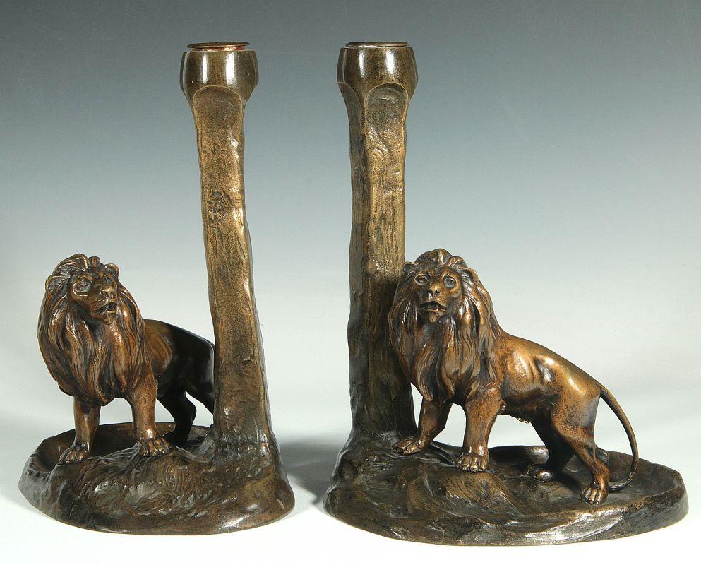 PAIR LATE 19TH C LION FIGURAL BRONZE CANDLESTICKS