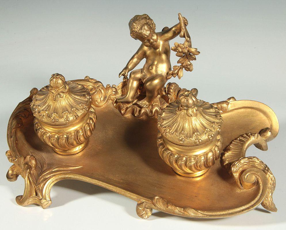 A GOOD LATE 19TH C. FRENCH ROCOCO CHERUB INKSTAND