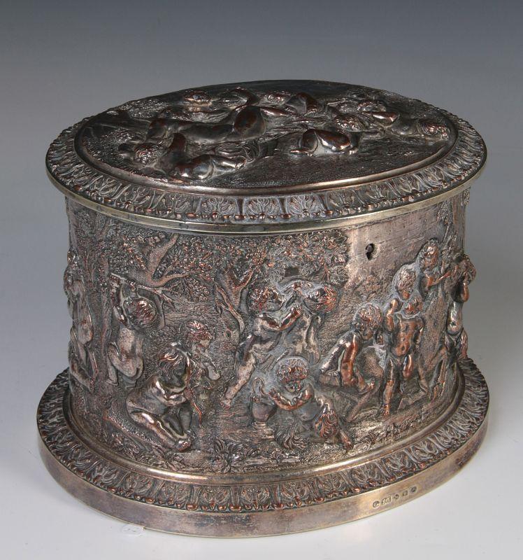 HIGHLY EMBOSSED BACCHANALIA THEME TEA CADDY 1897