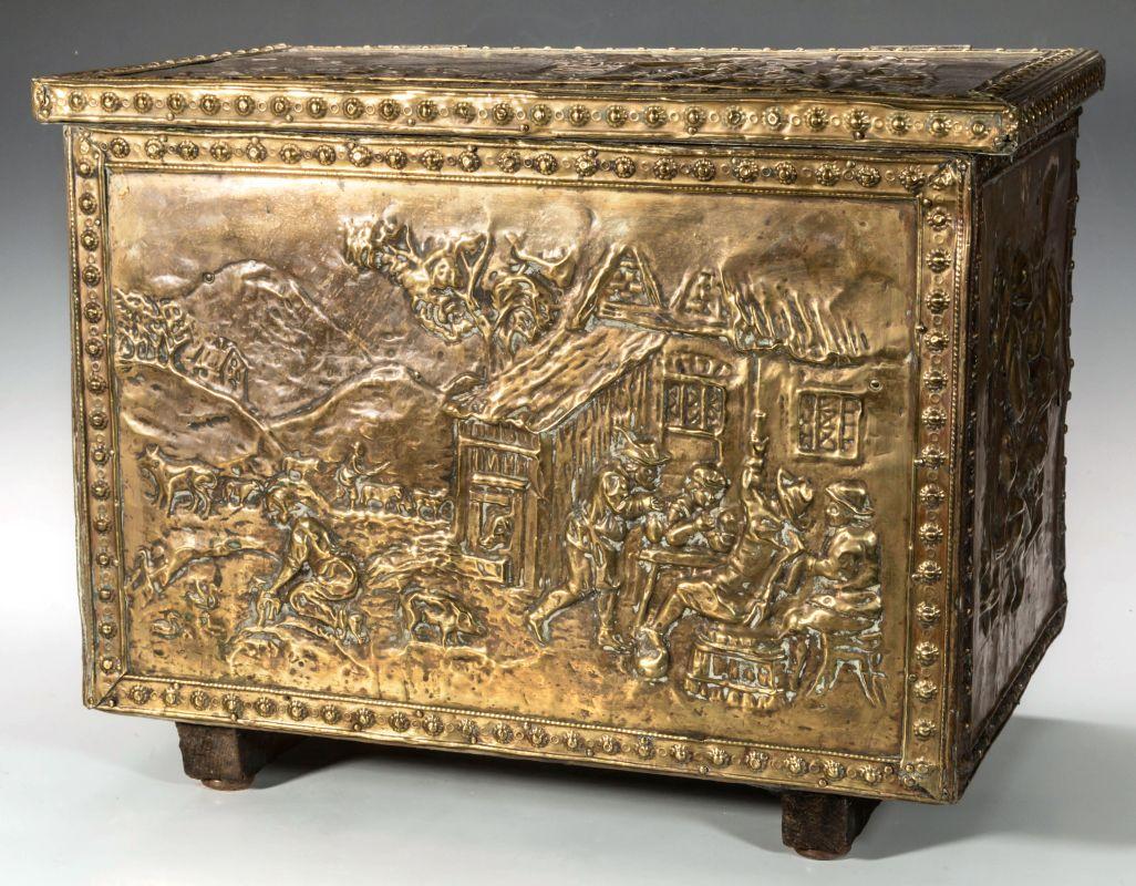 A 19TH C. BRASS REPOUSSÉ TINDER BOX