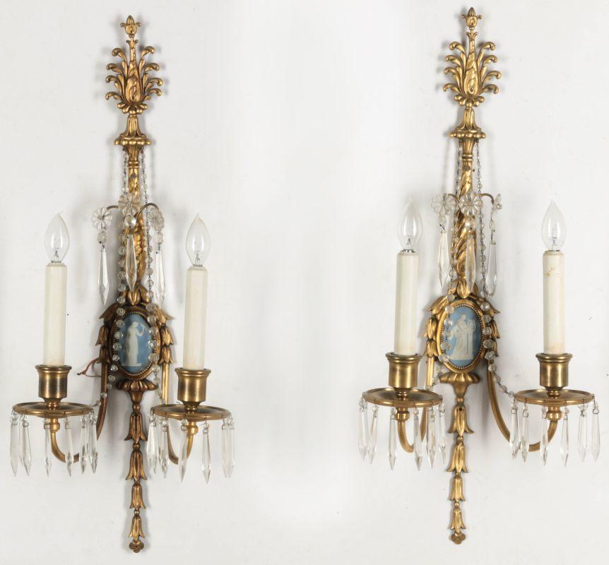 A PAIR QUALITY ORMOLU SCONCES WITH JASPER PLAQUES