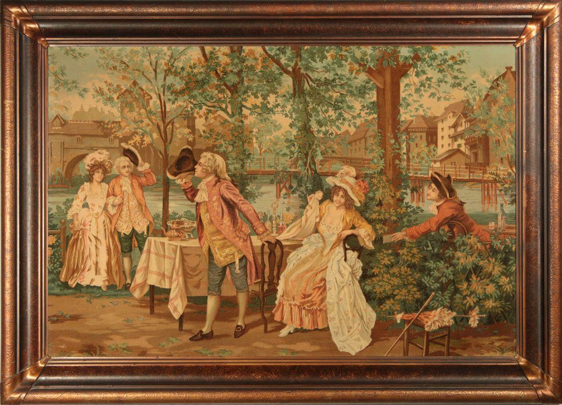 A CIRCA 1900 FRENCH GENRE SCENE LITHO ON CANVAS