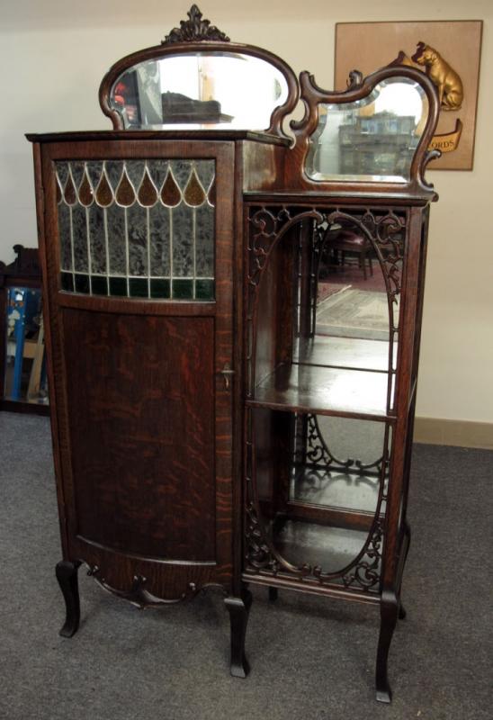 A RARE OAK Ã‰TAGÃˆRE MUSIC CABINET WITH LEADED DOOR