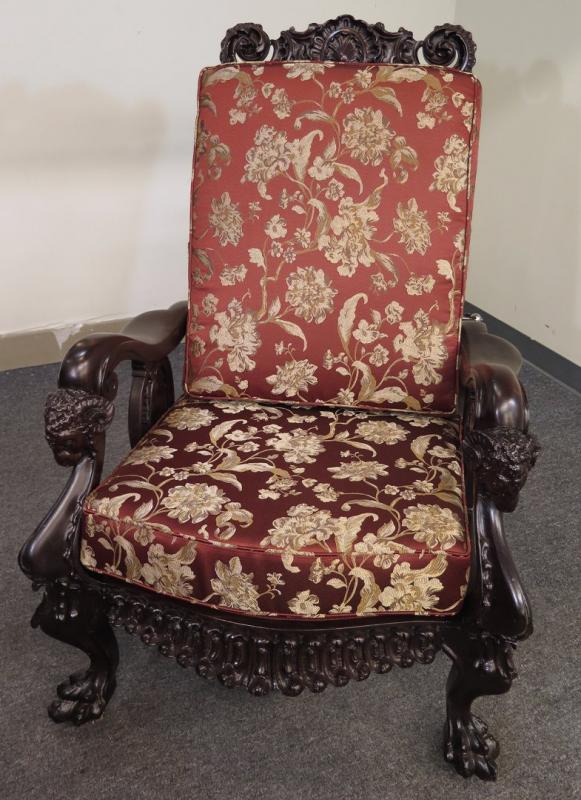 A KARPEN QUALITY CARVED MAHOGANY MORRIS CHAIR W/RA