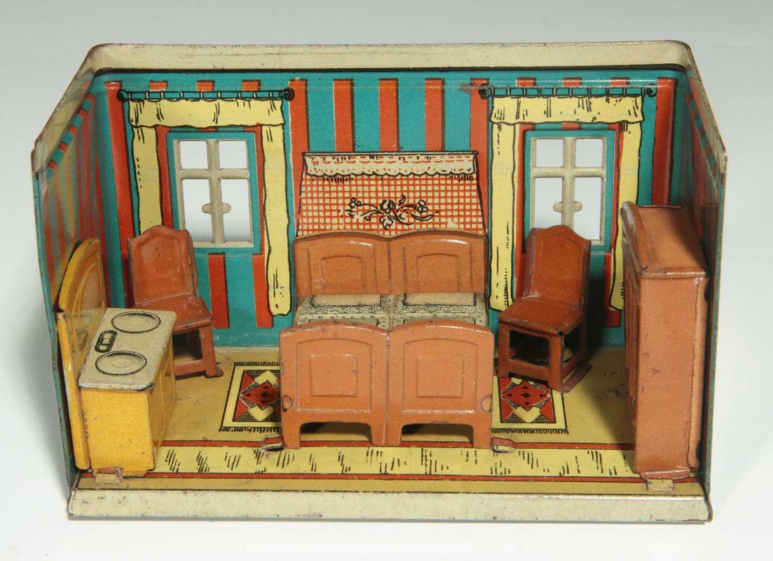 AN OROBRE GERMAN TIN LITHO DOLL HOUSE BEDROOM     