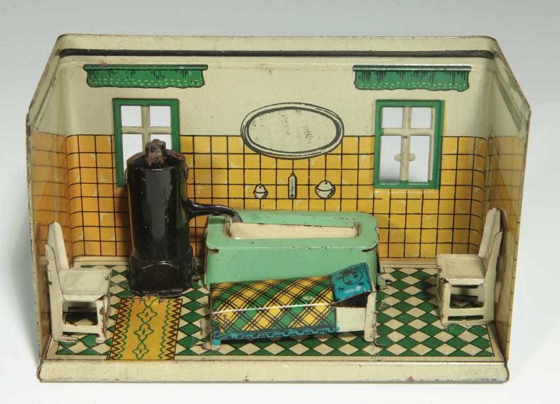 AN OROBRE GERMAN TIN LITHO DOLL HOUSE BATHROOM