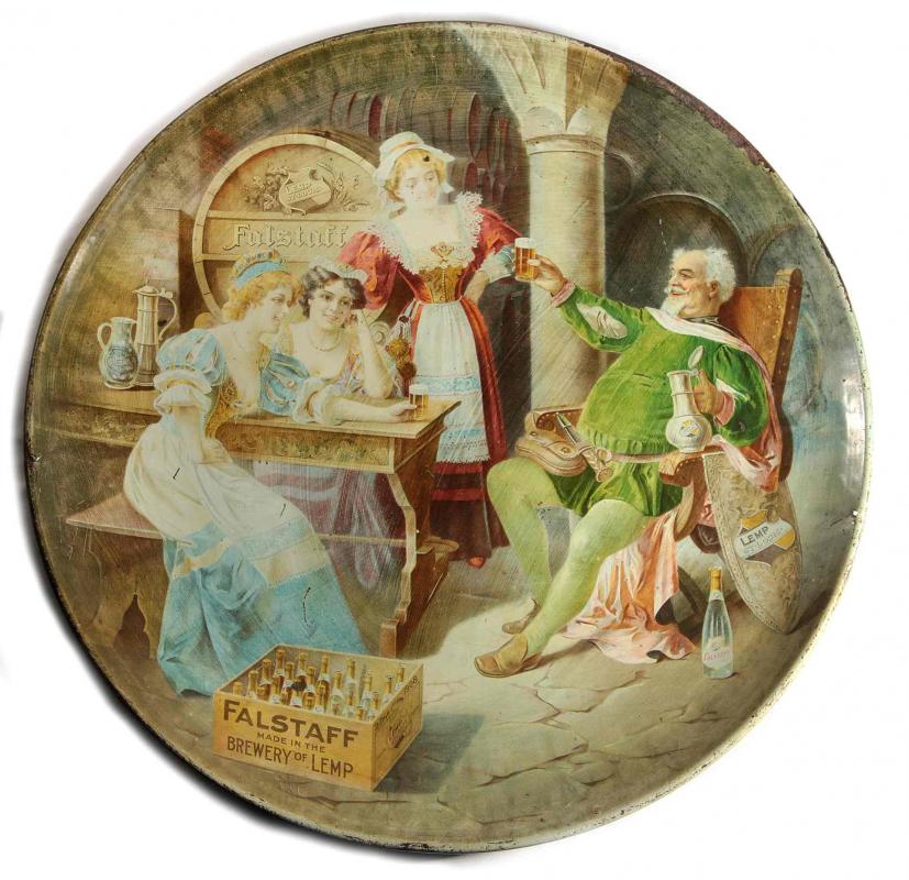 A TIN LITHO CHARGER ADVERTISING FALSTAFF LEMP BEER