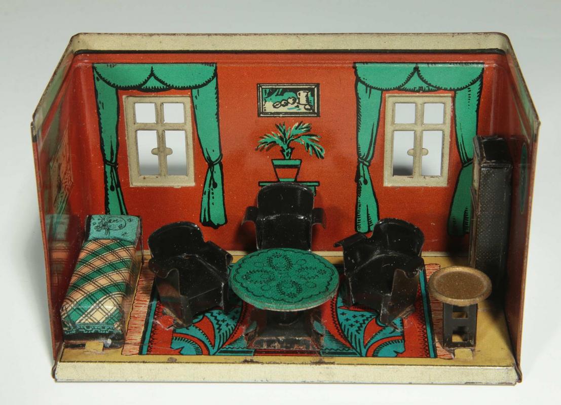 AN OBOBRE GERMAN TIN LITHO DOLL HOUSE LIVING ROOM