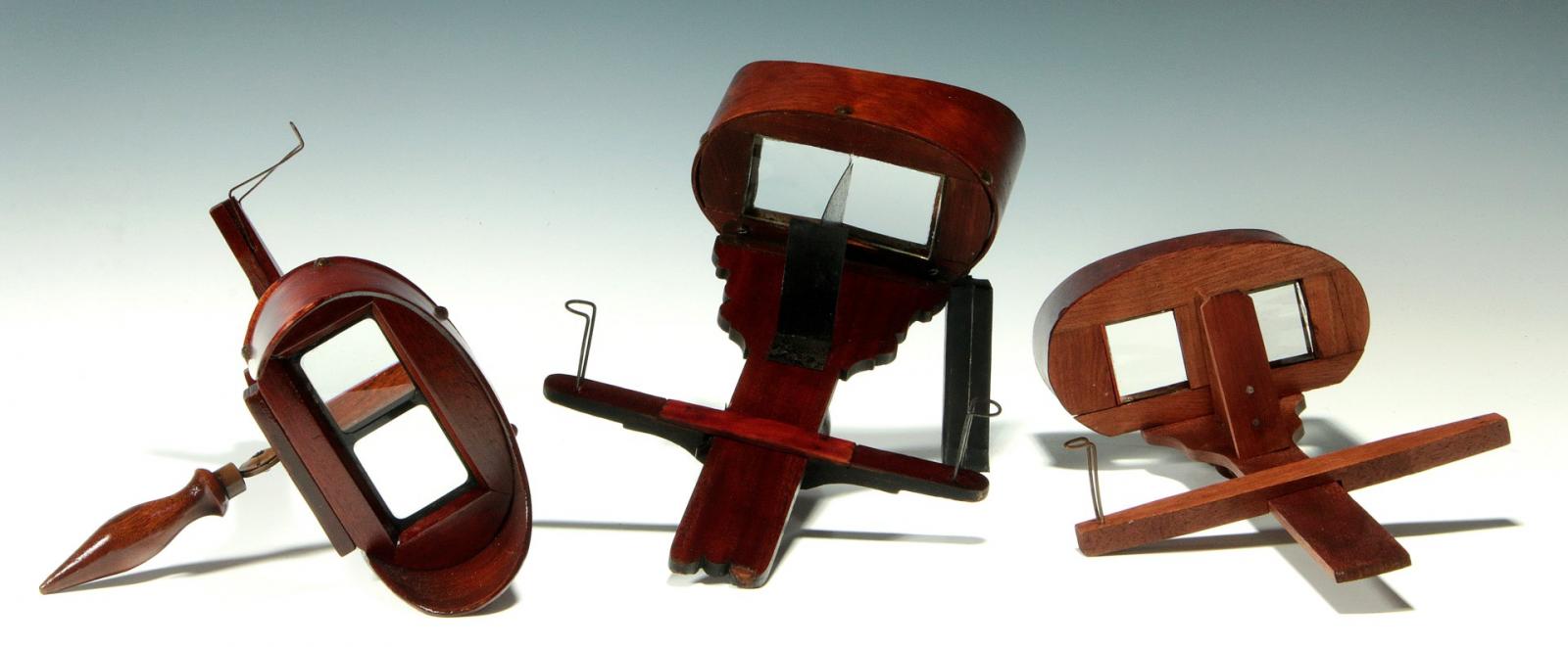 THREE NICE 19TH C. MAHOGANY STEREO CARD VIEWERS