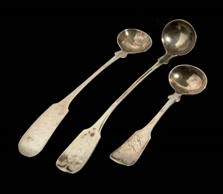 THREE 19TH C. COIN SILVER CREAM LADLES PLUS 3 SPOONS