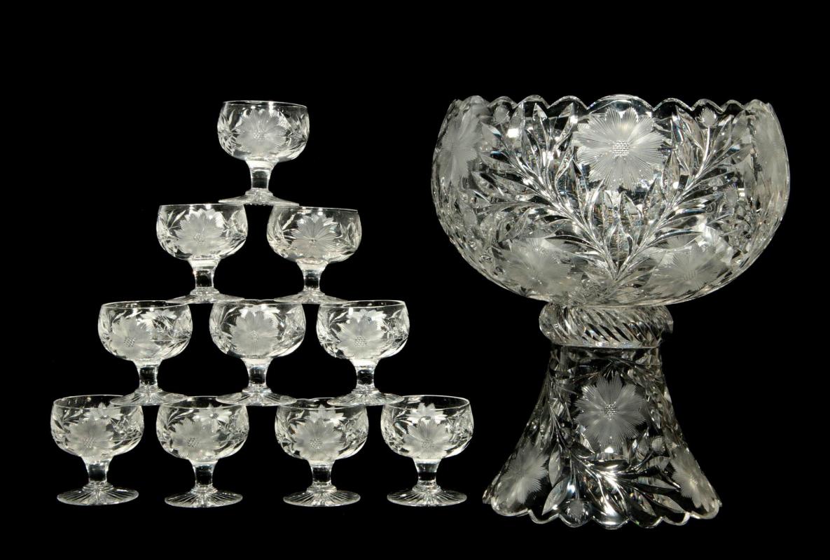 AN ABP FLORAL PERIOD PUNCH BOWL WITH FOOTED CUPS