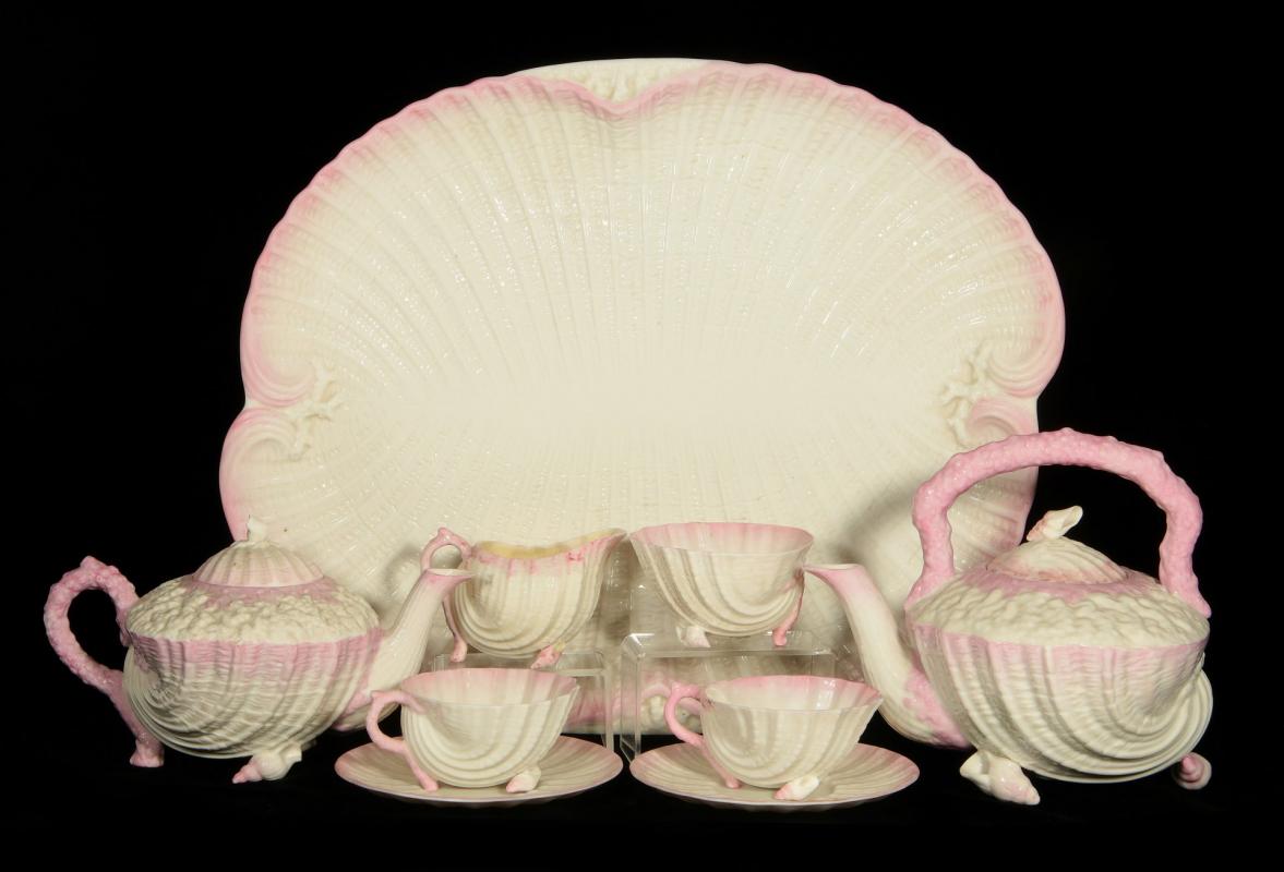 A BELLEEK PINK NEPTUNE 2ND BLACK MARK TEA SET