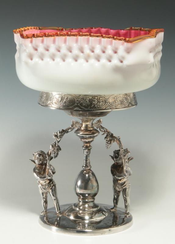 ART GLASS BRIDE'S BASKET ON CHERUB FIGURAL STAND 