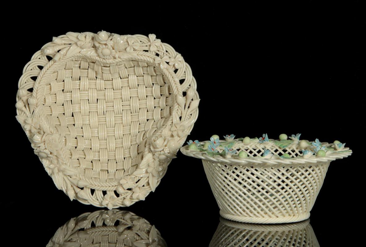 TWO IRISH BELLEEK FOUR STRAND BASKETS