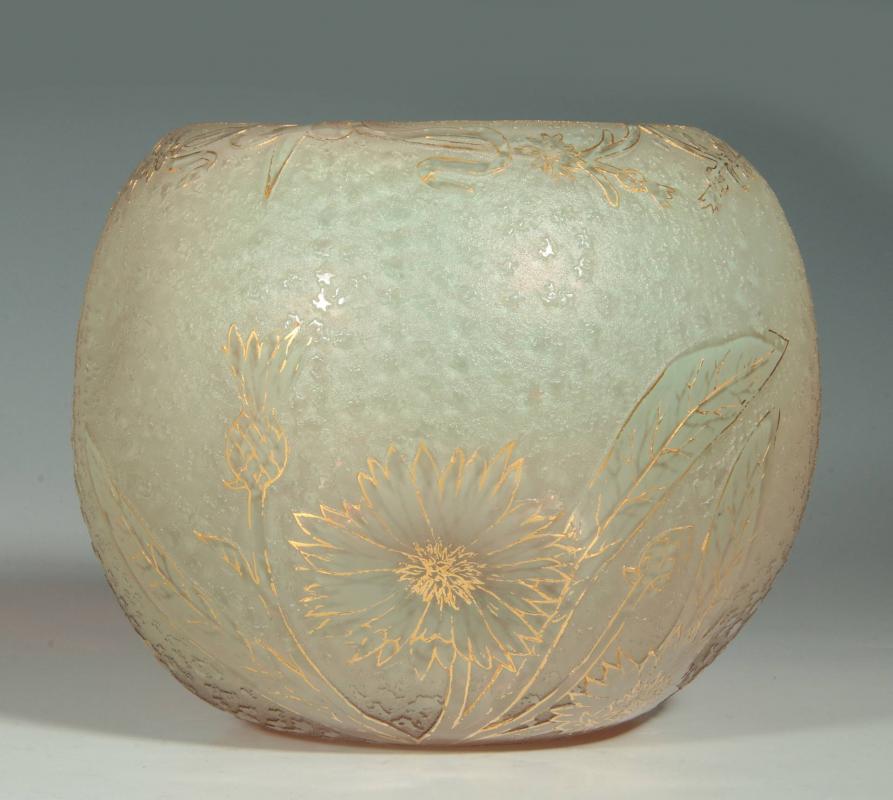 A DAUM CAMEO GLASS ROSE BOWL WITH THISTLE DECOR