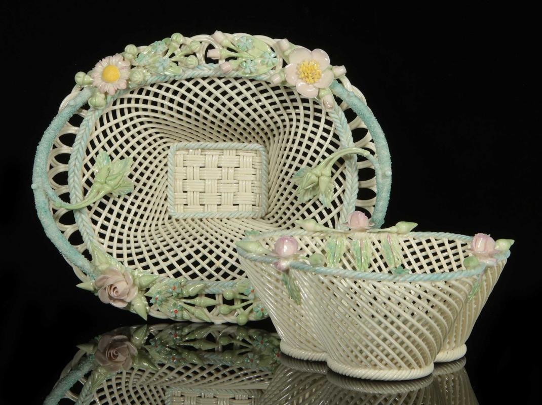 TWO IRISH BELLEEK FOUR STRAND BASKETS