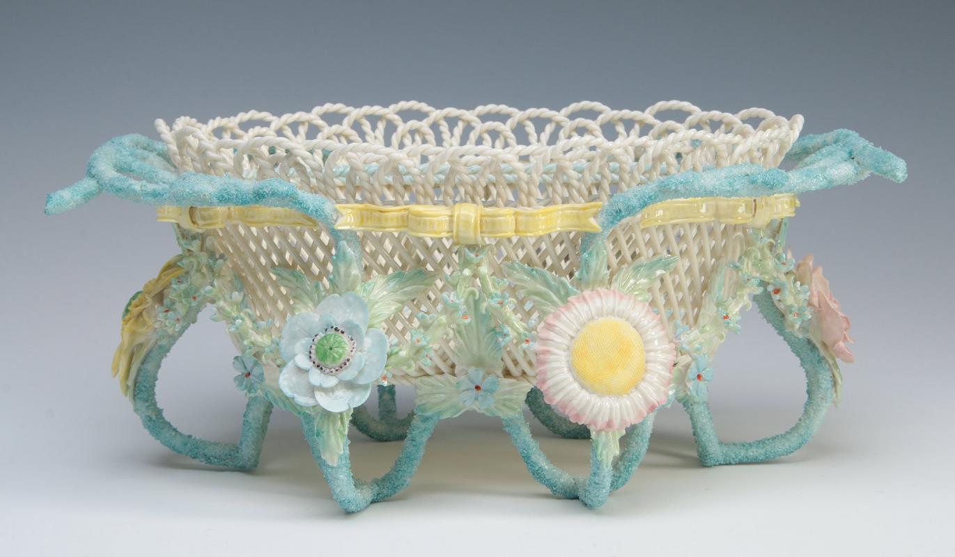 IRISH BELLEEK FOUR STRAND RATHMORE BASKET W/ COLOR