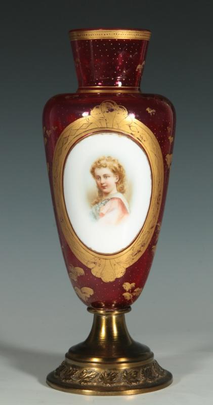 A BOHEMIAN OVERLAID CRANBERRY VASE W/ PORTRAIT