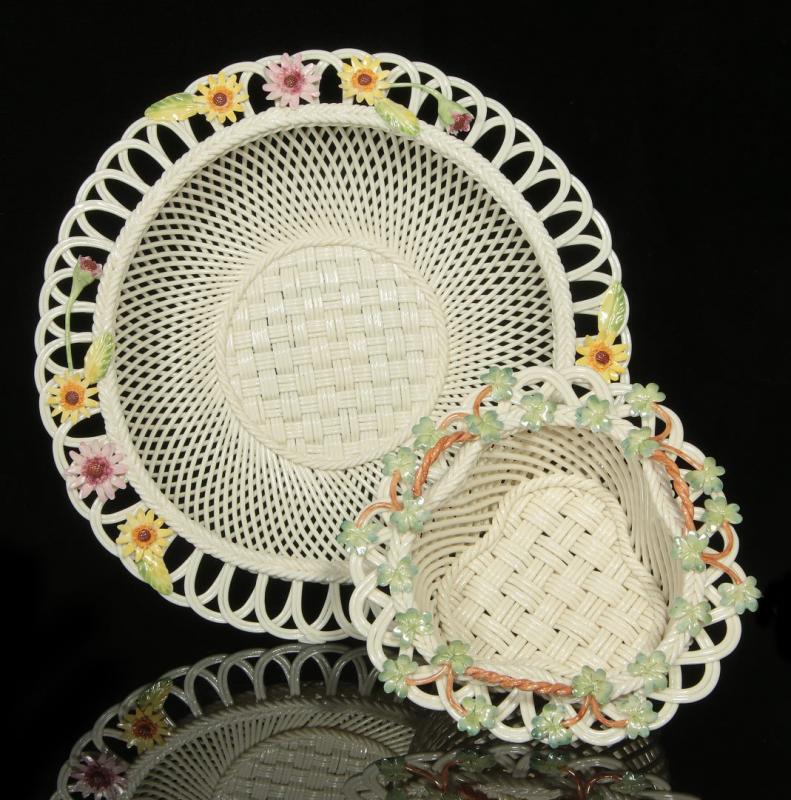 TWO IRISH BELLEEK FOUR STRAND BASKETS