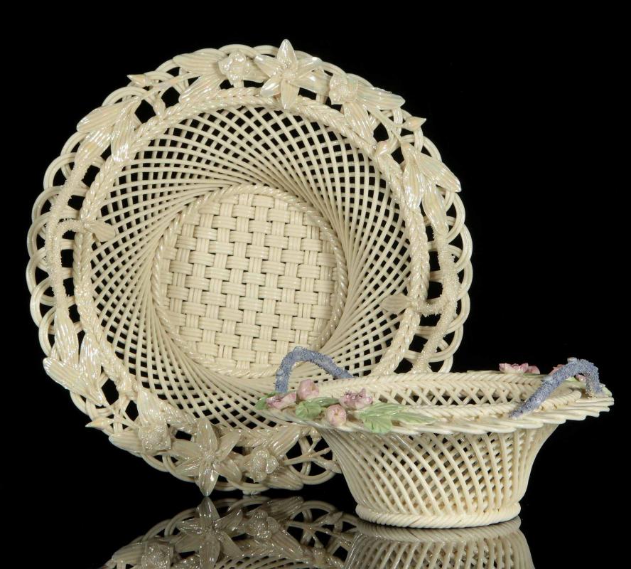 TWO IRISH BELLEEK THREE STRAND BASKETS