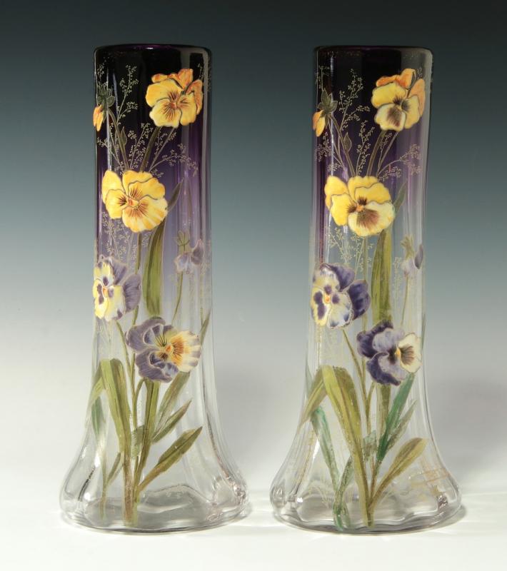 A PAIR 19TH C. MONT JOYE ENAMELED ART GLASS VASES