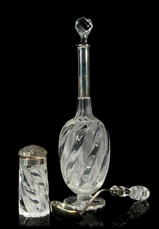 THREE GOOD ABP CUT GLASS ITEMS: DECANTER, LADLE, JAR