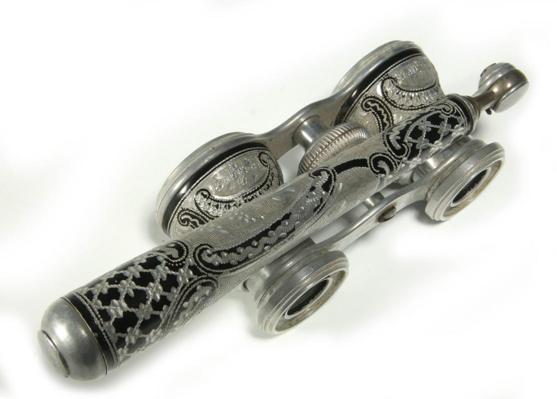 19THC.ENGRAVED ALUMINUM BLACK ENAMEL OPERA GLASSES