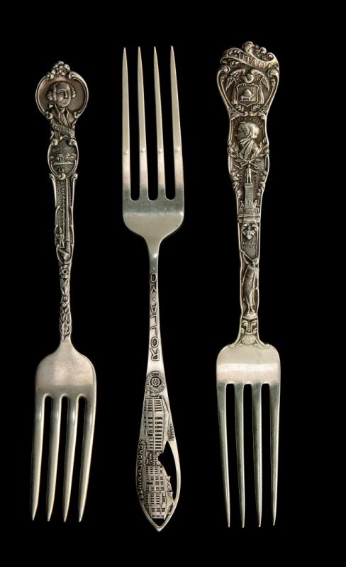 THREE UNUSUAL STERLING SILVER SOUVENIR FORKS